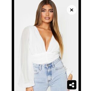NWT!‎ PrettyLittleThing white me she ruched body suit